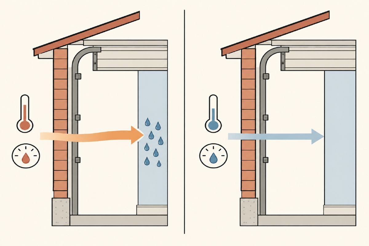 Schéma illustrant le principe du point de rosée et son effet sur la condensation dans un garage