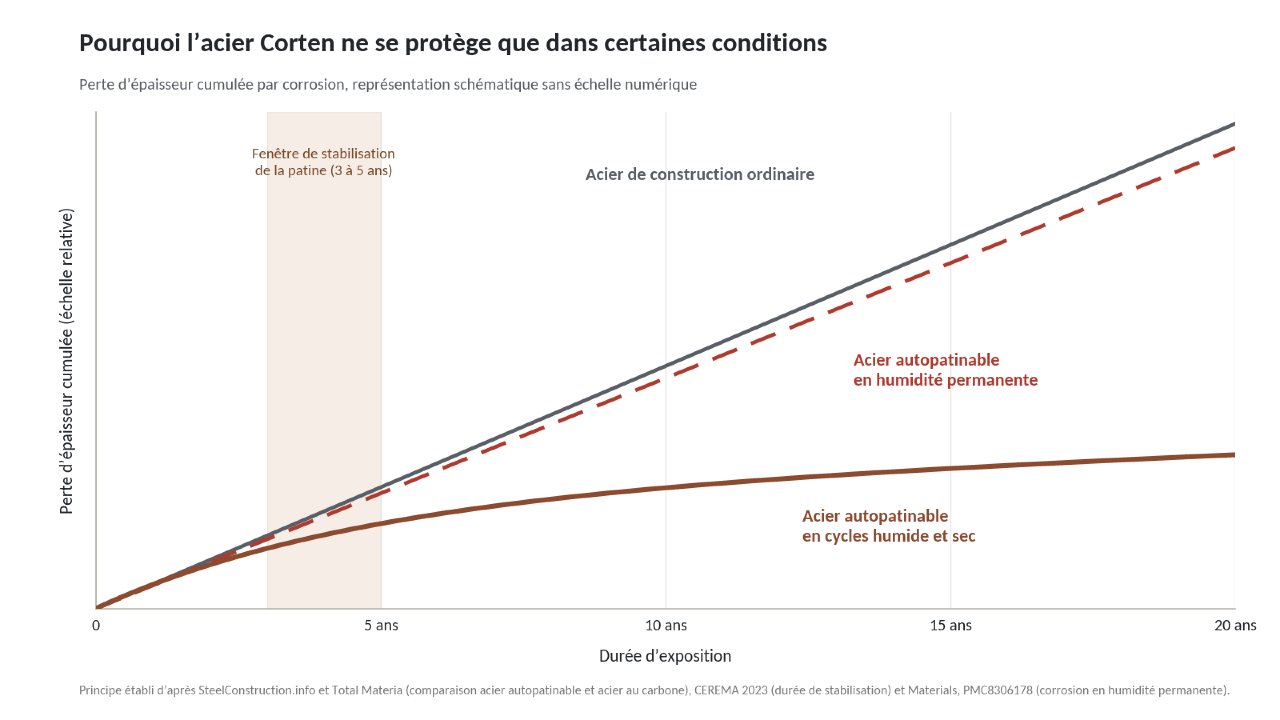 Graphique comparant la perte d’épaisseur par corrosion de trois cas : acier de construction ordinaire, acier autopatinable en cycles humide et sec, acier autopatinable en humidité permanente